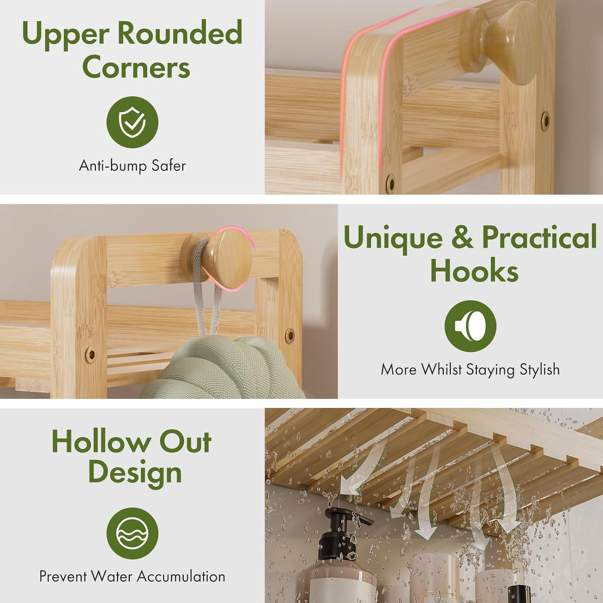 AmazerBath Natural bamboo over-the-toilet rack highlighting rounded corners, side hooks, and slatted shelves for drainage.