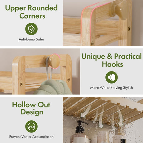 AmazerBath Natural bamboo over-the-toilet rack highlighting rounded corners, side hooks, and slatted shelves for drainage.