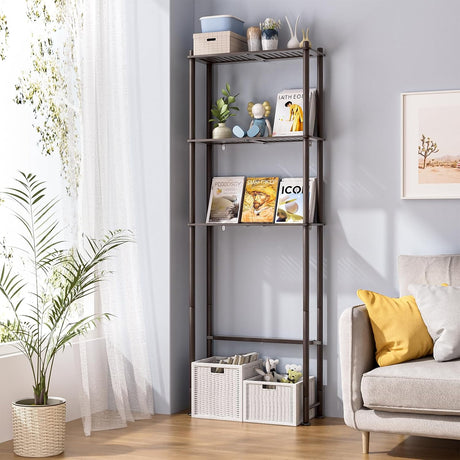 AmazerBath Espresso bamboo three-tier over-the-toilet shelf styled beside a sofa with books, baskets, plants, and decor.