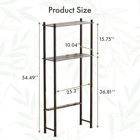AmazerBath Espresso bamboo two-tier over-the-toilet shelf diagram showing the full height, width, toilet clearance, and shelf spacing.