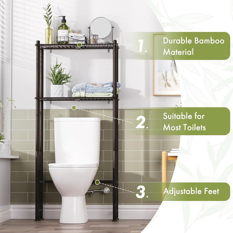 AmazerBath Espresso bamboo two-tier over-the-toilet shelf shown with durable bamboo, toilet clearance, and adjustable feet.