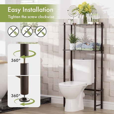 AmazerBath Espresso bamboo two-tier over-the-toilet shelf showing clockwise screw assembly without separate tools.
