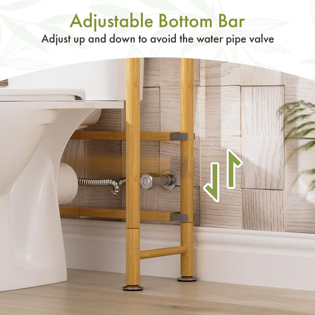AmazerBath Natural bamboo two-tier over-the-toilet shelf showing the bottom support bar adjusted around a water valve.
