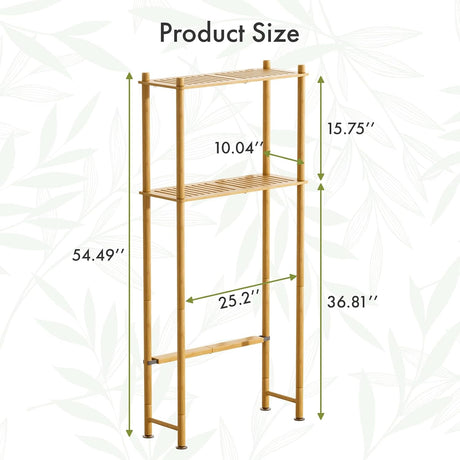 AmazerBath Natural bamboo two-tier over-the-toilet shelf diagram showing the full height, width, toilet clearance, and shelf spacing.