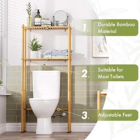 AmazerBath Natural bamboo two-tier over-the-toilet shelf shown with durable bamboo, toilet clearance, and adjustable feet.