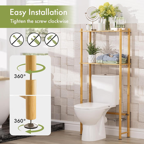 AmazerBath Natural bamboo two-tier over-the-toilet shelf showing clockwise screw assembly without separate tools.
