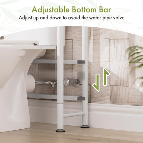 AmazerBath White bamboo two-tier over-the-toilet shelf showing the bottom support bar adjusted around a water valve.