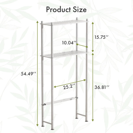 AmazerBath White bamboo two-tier over-the-toilet shelf diagram showing the full height, width, toilet clearance, and shelf spacing.