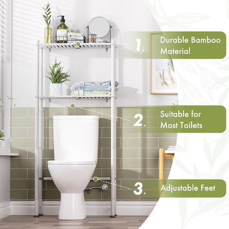 AmazerBath White bamboo two-tier over-the-toilet shelf shown with durable bamboo, toilet clearance, and adjustable feet.