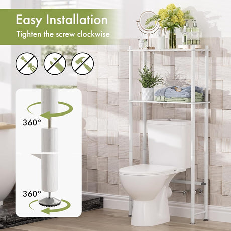 AmazerBath White bamboo two-tier over-the-toilet shelf showing clockwise screw assembly without separate tools.