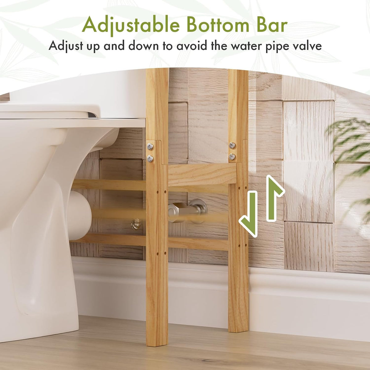 AmazerBath pine three-tier over toilet rack: an adjustable lower bar is positioned to clear the toilet water supply valve.