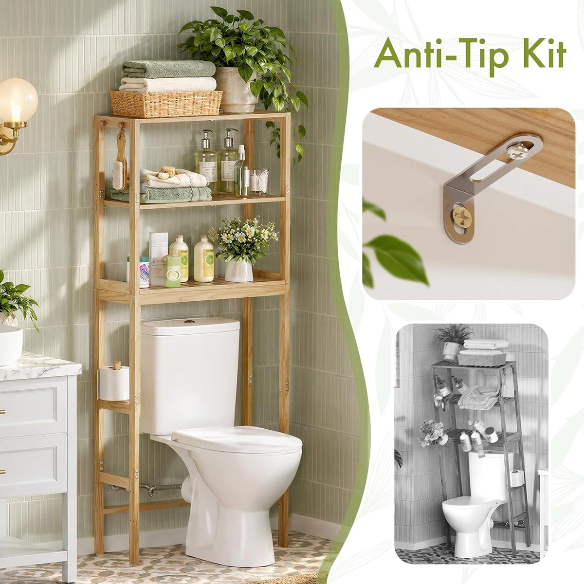 AmazerBath pine three-tier over toilet rack: the rack is shown with its included anti-tip kit and wall safety strap.