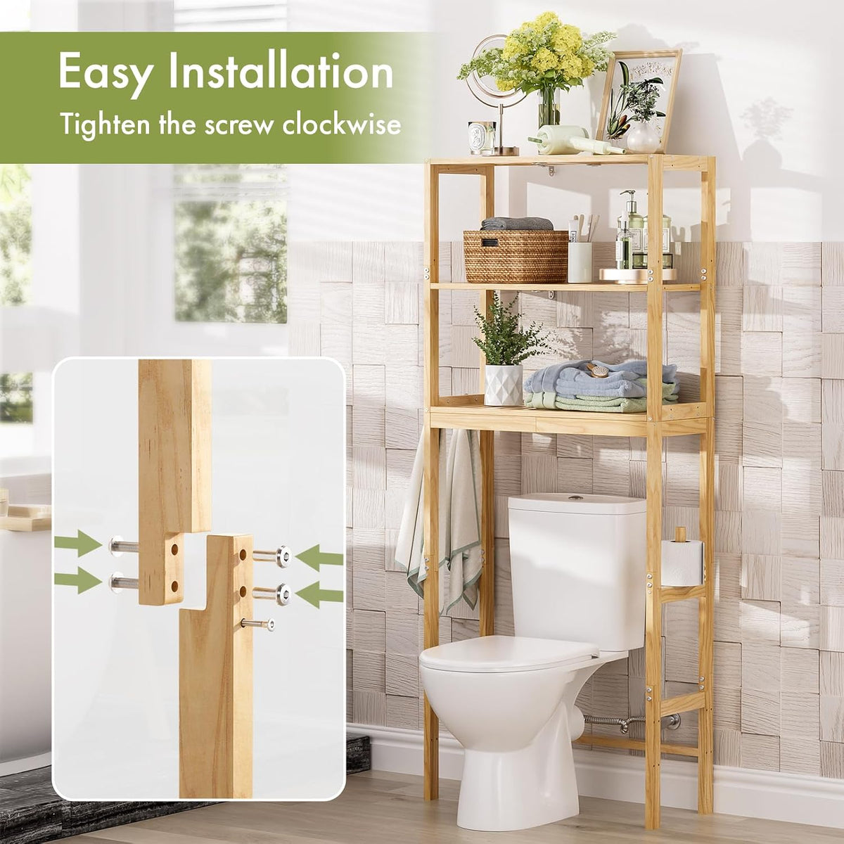 AmazerBath pine three-tier over toilet rack: an assembly graphic shows the rack supports being aligned and secured in place.