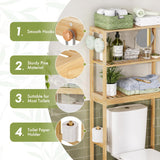 AmazerBath pine three-tier over toilet rack: a feature graphic highlights smooth hooks, sturdy pine, toilet fit, and a paper holder.