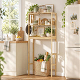 AmazerBath pine three-tier over toilet rack: open pine shelves hold baskets, folded towels, toiletries, and small bathroom decor.
