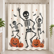 Playful Dancing Skeletons Halloween Shower Curtain displayed in a bright bathroom