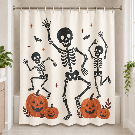Playful Dancing Skeletons Halloween Shower Curtain displayed in a bright bathroom