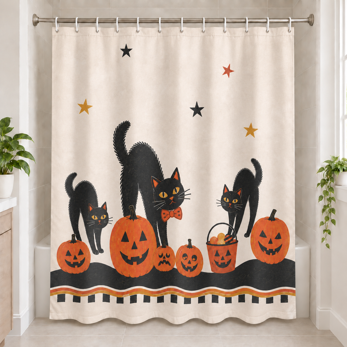 Retro Black Cats & Pumpkins Halloween Shower Curtain displayed in a bright bathroom