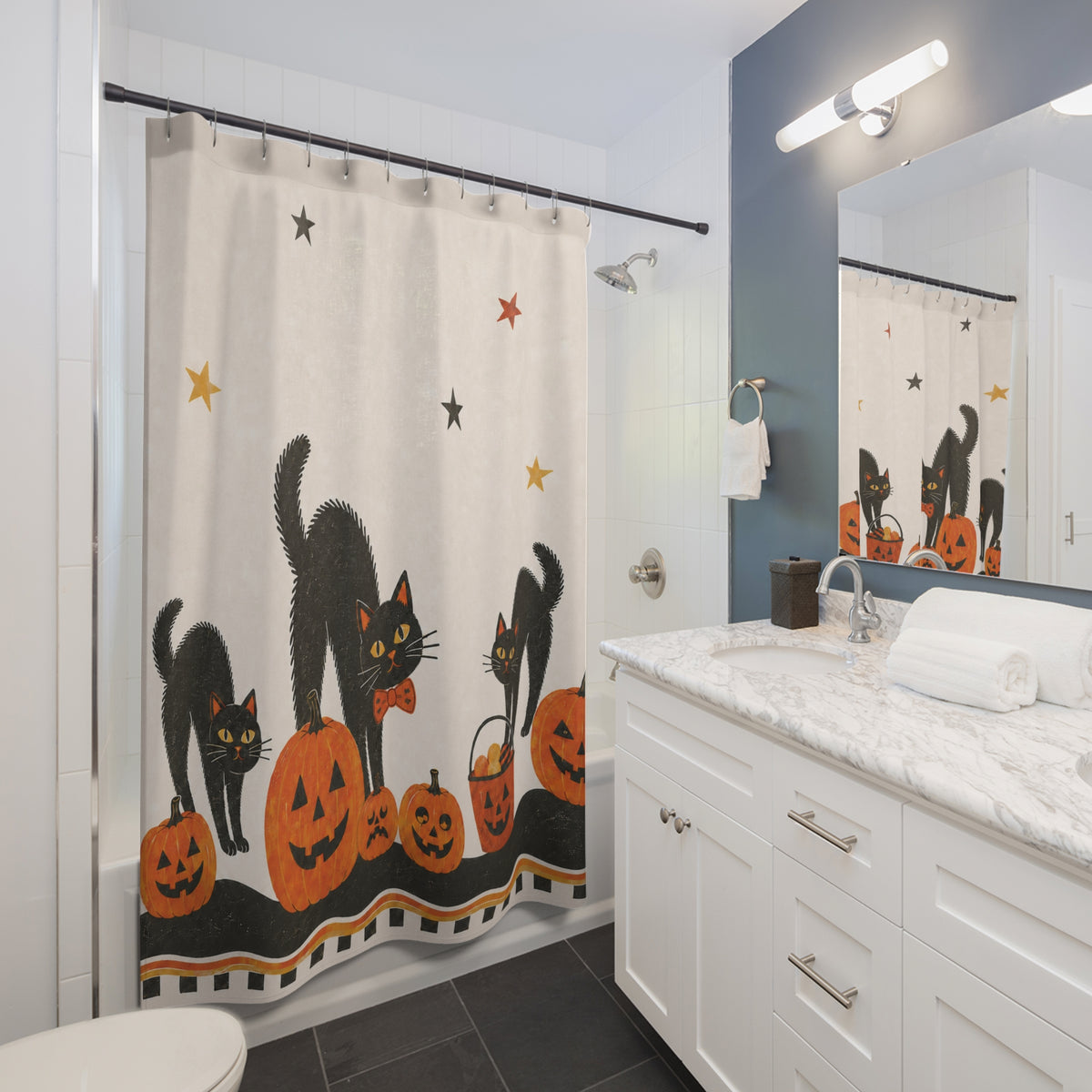 Retro Black Cats & Pumpkins Halloween Shower Curtain shown beside a bathroom vanity