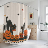 Retro Black Cats & Pumpkins Halloween Shower Curtain displayed around a bathtub