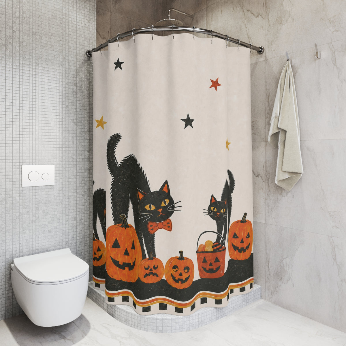 Retro Black Cats & Pumpkins Halloween Shower Curtain installed in a walk-in shower