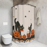 Retro Black Cats & Pumpkins Halloween Shower Curtain installed in a walk-in shower
