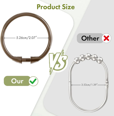 AmazerBath Amber Brown plastic shower curtain ring with its 2.07-inch outer width compared with a narrower metal hook.