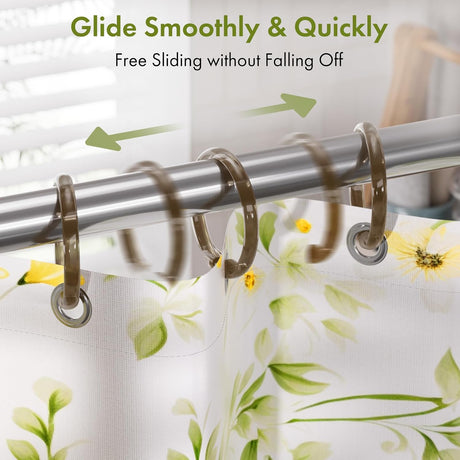 AmazerBath Amber Brown plastic shower curtain rings sliding along a metal rod while securely holding a floral curtain.