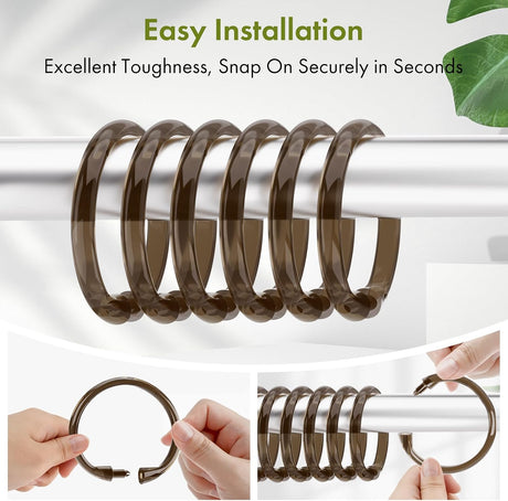 AmazerBath Amber Brown plastic shower curtain rings shown snapping closed by hand and installed securely on a metal rod.