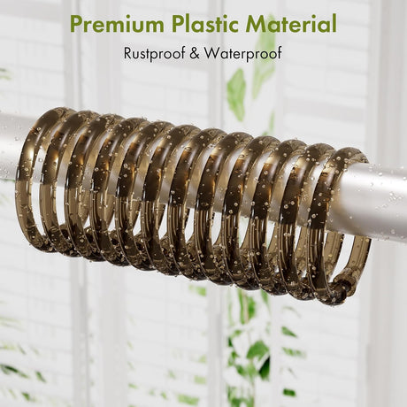 AmazerBath Amber Brown plastic shower curtain rings covered with water droplets to show the rustproof waterproof material.