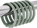 AmazerBath Sage Green plastic shower curtain rings grouped on a metal rod, showing the rounded profile and snap closures.