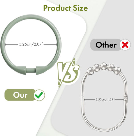 AmazerBath Sage Green plastic shower curtain ring with its 2.07-inch outer width compared with a narrower metal hook.