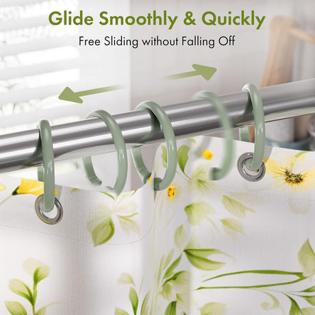AmazerBath Sage Green plastic shower curtain rings sliding along a metal rod while securely holding a floral curtain.