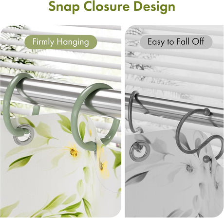 AmazerBath Sage Green plastic shower curtain ring with a closed snap beside an open hook that can fall from the rod.