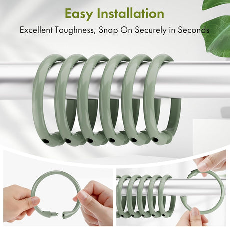 AmazerBath Sage Green plastic shower curtain rings shown snapping closed by hand and installed securely on a metal rod.