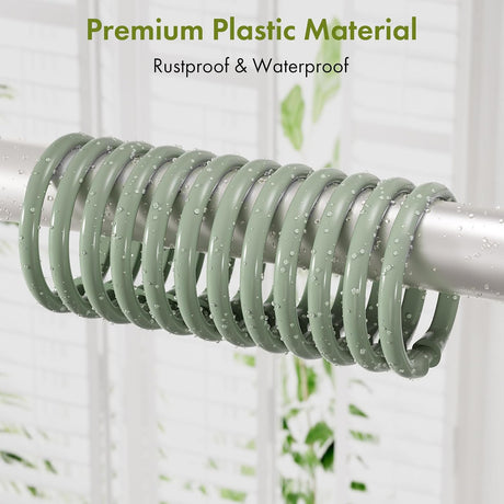 AmazerBath Sage Green plastic shower curtain rings covered with water droplets to show the rustproof waterproof material.