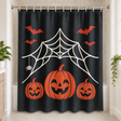 Spiderweb Pumpkin Halloween Shower Curtain displayed in a bright bathroom