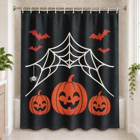 Spiderweb Pumpkin Halloween Shower Curtain displayed in a bright bathroom