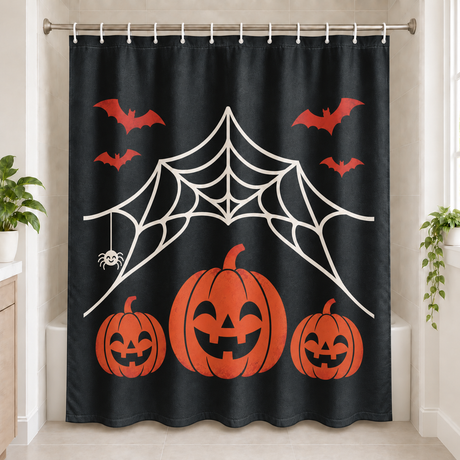 Spiderweb Pumpkin Halloween Shower Curtain displayed in a bright bathroom