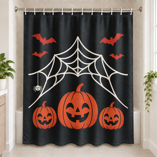 Spiderweb Pumpkin Halloween Shower Curtain displayed in a bright bathroom