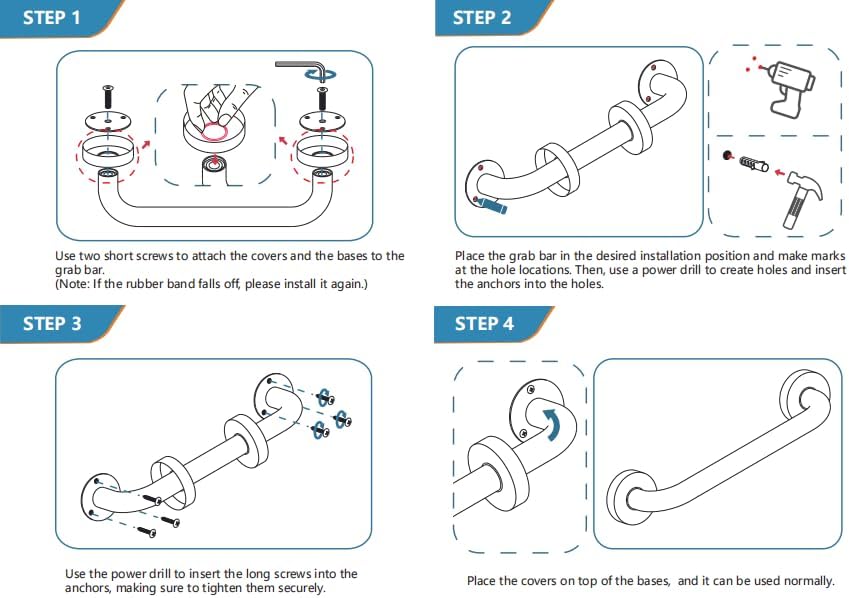 AmazerBath brushed nickel shower grab bar installation guide shows mounting hardware and drilling steps for the 16 x 1-inch size.