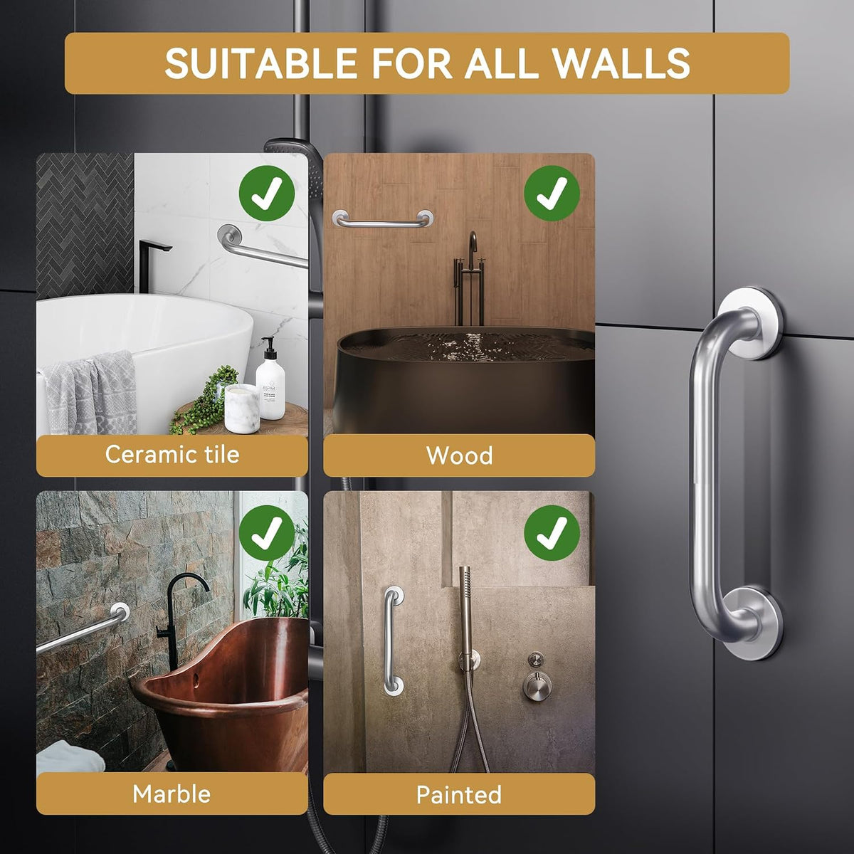 AmazerBath brushed nickel stainless steel grab bar shows secure wall support and up to 500 lb capacity in the 16 x 1-inch size.