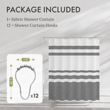 Wavy Striped Shower Curtain with 12 Rings packaging and included pieces.