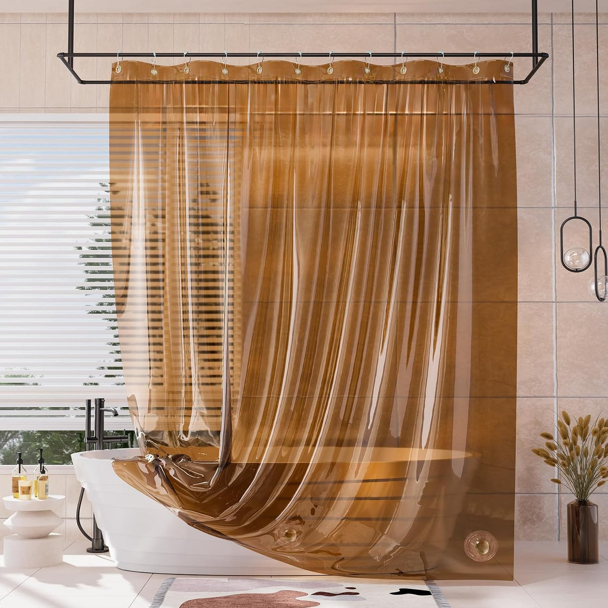 AmazerBath Sun EVA Shower Curtain Liner, 8G Waterproof & Weighted in Amber, shown as the main product image for bathroom use.