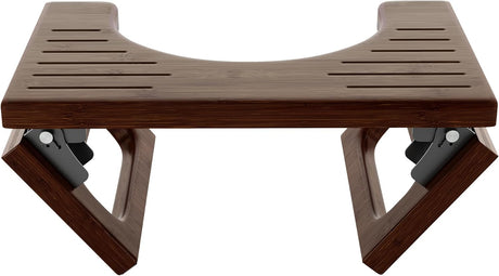 AmazerBath Walnut 8.5-inch bamboo toilet stool with a curved platform, drainage grooves, and foldable side supports.