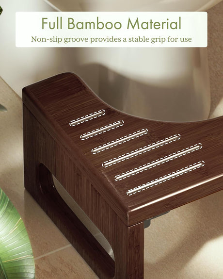 AmazerBath Walnut bamboo toilet stool with a grooved foot platform and visible wood-grain finish for stable footing.