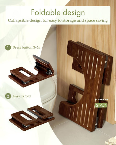 AmazerBath Walnut bamboo toilet stool folded beside a toilet, showing the compact collapsible frame for easy storage.