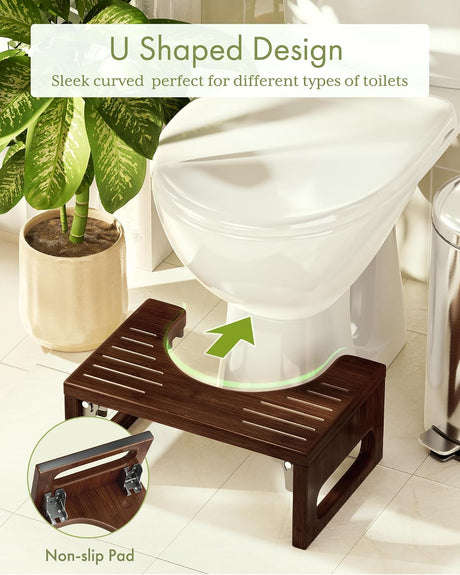 AmazerBath Walnut bamboo toilet stool fitted around a toilet base, with the curved opening and non-slip feet highlighted.