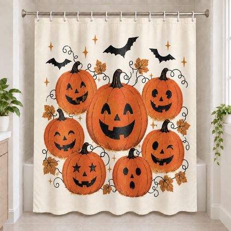 Vintage Pumpkin Patch Halloween Shower Curtain displayed in a bright bathroom