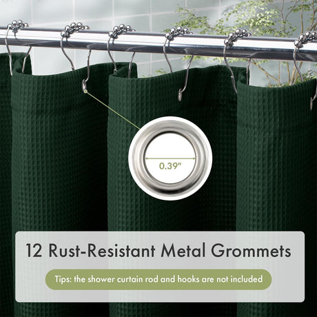 AmazerBath Dark Green waffle shower curtain close-up showing a rust-resistant metal grommet and reinforced textured top hem.